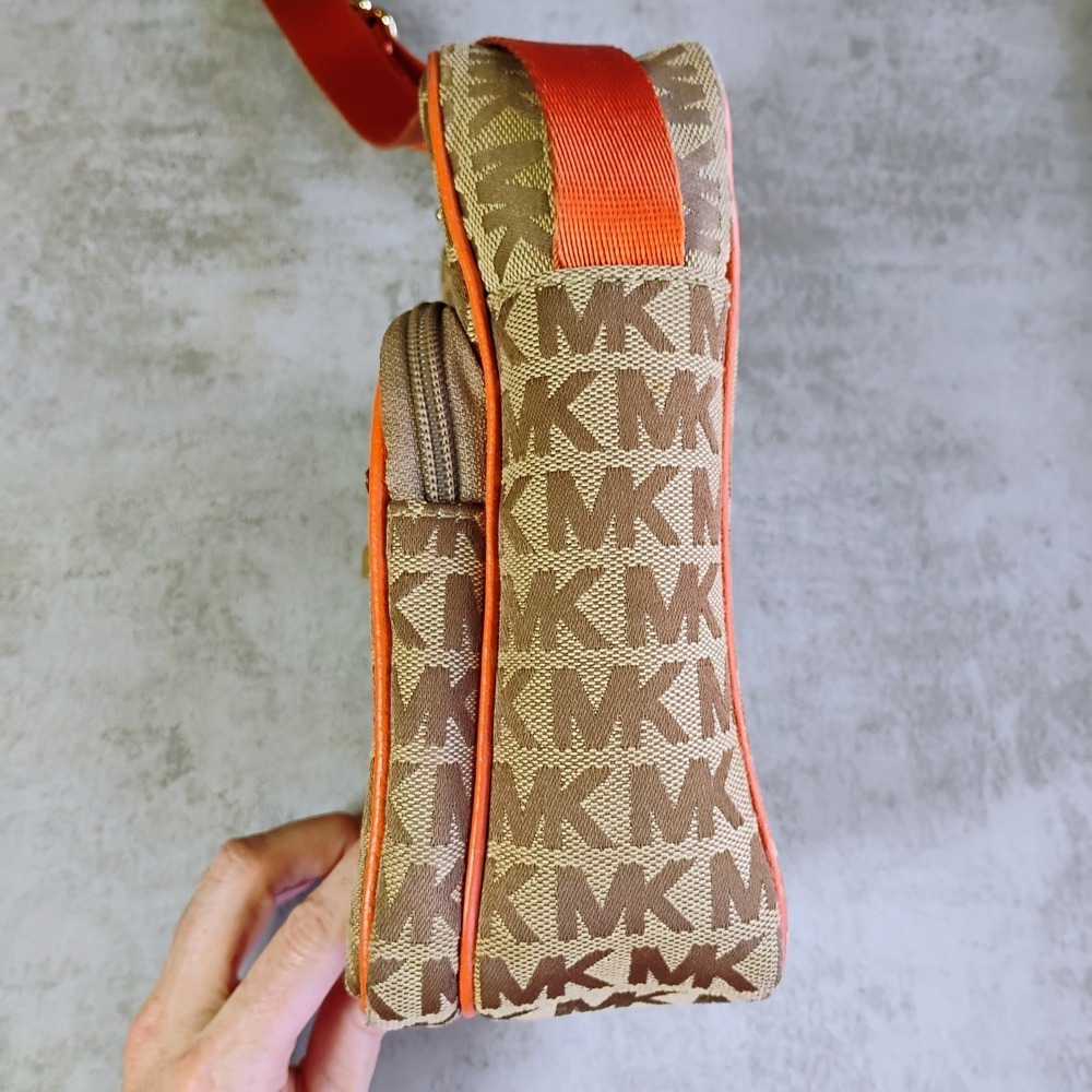 Michael Kors Signature Flight Crossbody Bag Brown Orange Leather Trim - Picture 8 of 16